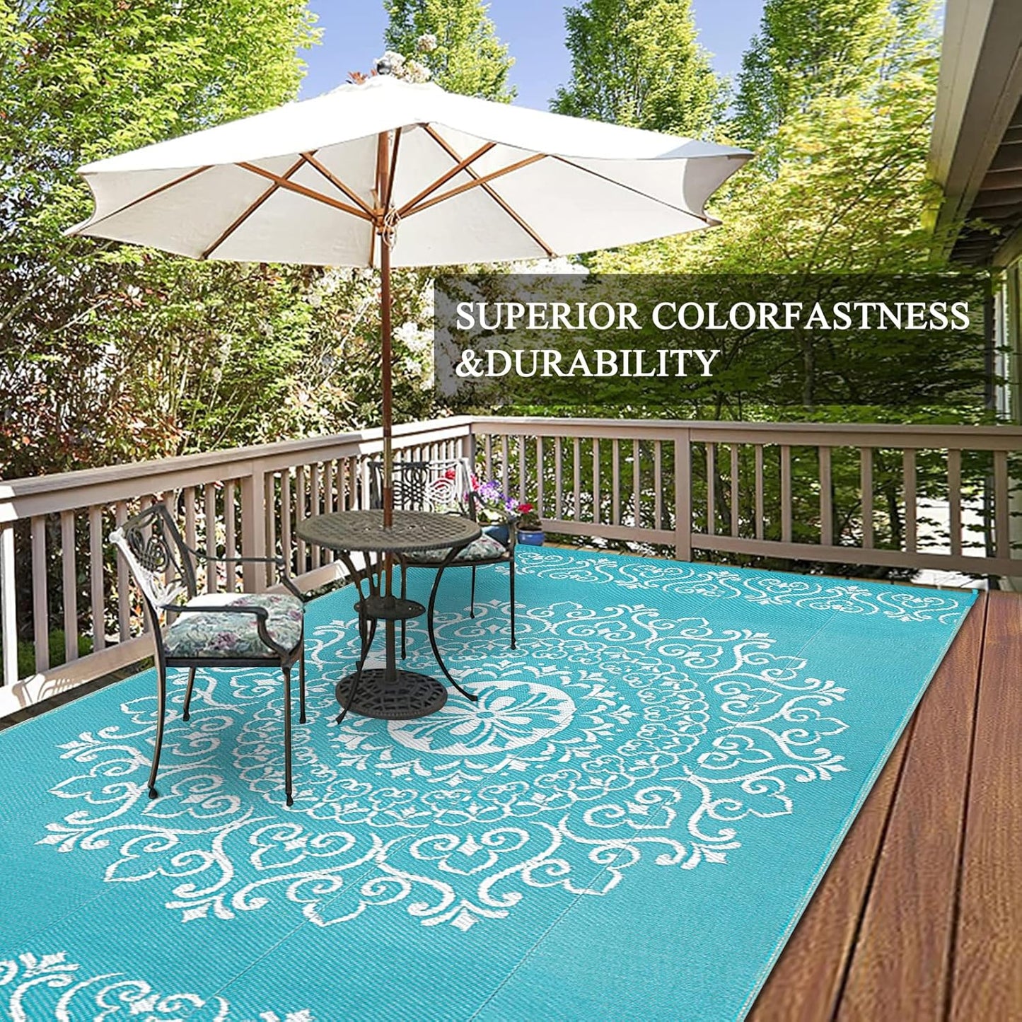 Pauwer Waterproof Outdoor Rug 5x8, Reversible Plastic Straw Patio Camping Rug, Indoor Outdoor RV Mat Carpet for Deck, Camper, Porch, Balcony, Backyard, Picnic, Floral Teal