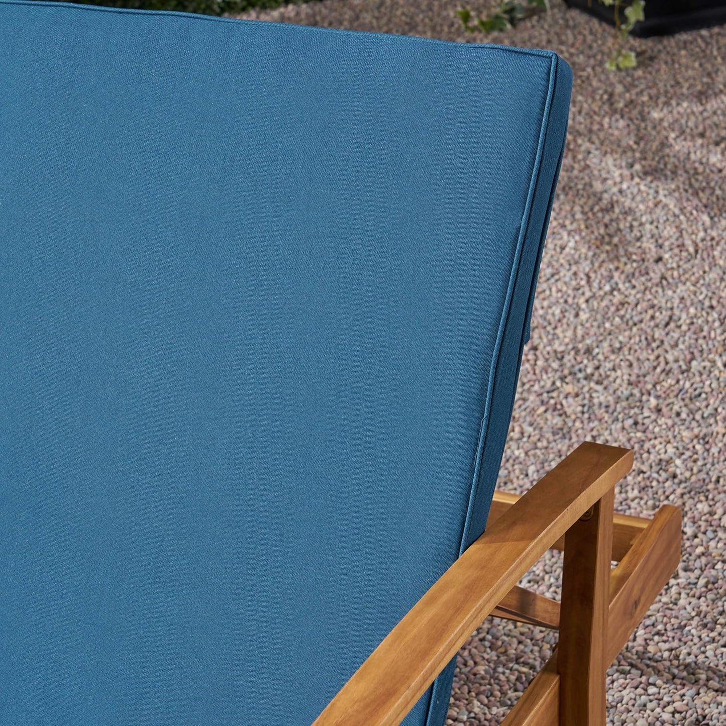 Christopher Knight Home Samantha Double Chaise Lounge for Yard and Patio, Acacia Wood Frame, Teak Finish with Blue Cushions