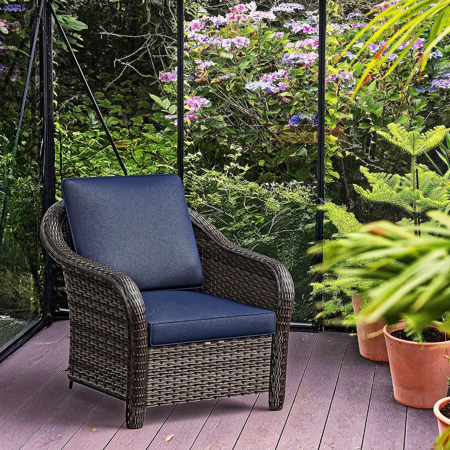 Patio PE Rattan Chairs Set of 2 with Cat Nest End Table, All-Weather & Steel Frame Outdoor Conversation Furniture Set with Washable Cushions for Garden, Bistro, Deck, Yard (Navy Blue)