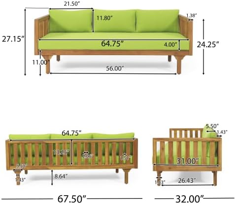 Christopher Knight Home Claremont Patio Sofa and Coffee Table Set, 2 Piece Outdoor Patio Furniture Set with Cushion, Acacia Wood 3 Seater Outdoor Sofa Daybed and Coffee Table Set, Teak+Light Green
