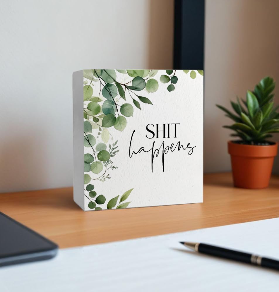 Shit Happens Funny Bathroom Wooden Box Sign, Eucalyptus Botanical Wood Signs for Restroom Bathroom Toilet Half Bath Shelf Counter Decor, 5x5 Inch