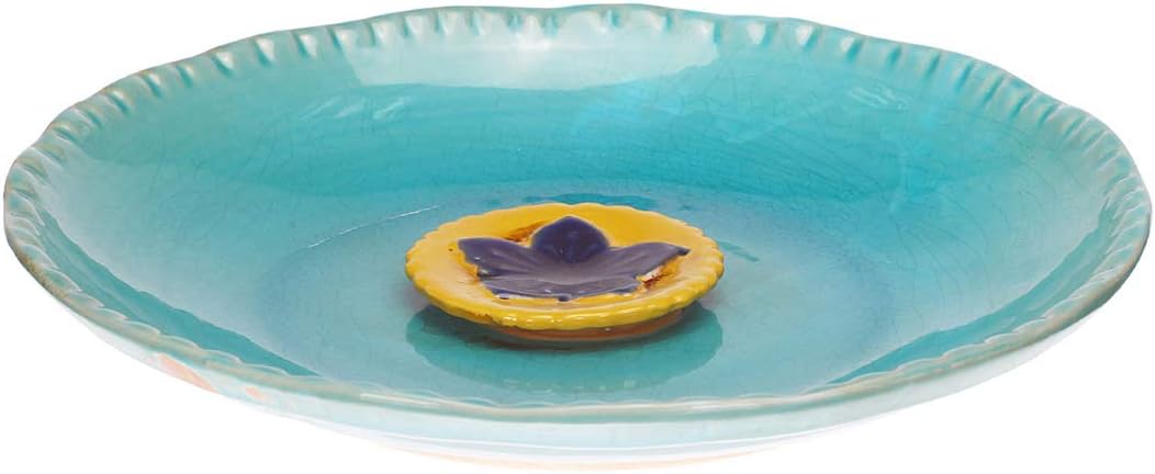 Topadorn Birdbath Ceramic Bowl Decor for Bee Bird Bath Outdoor Garden Vintage Yard,Blue with Yellow Flower