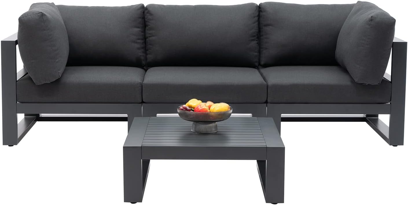 Modern 3 Seater Sofa Outdoor Sectional Sofa Set with Square Coffee Table Patio Conversation Sofa Sets for Garden Backyard, Dark Grey Cushions