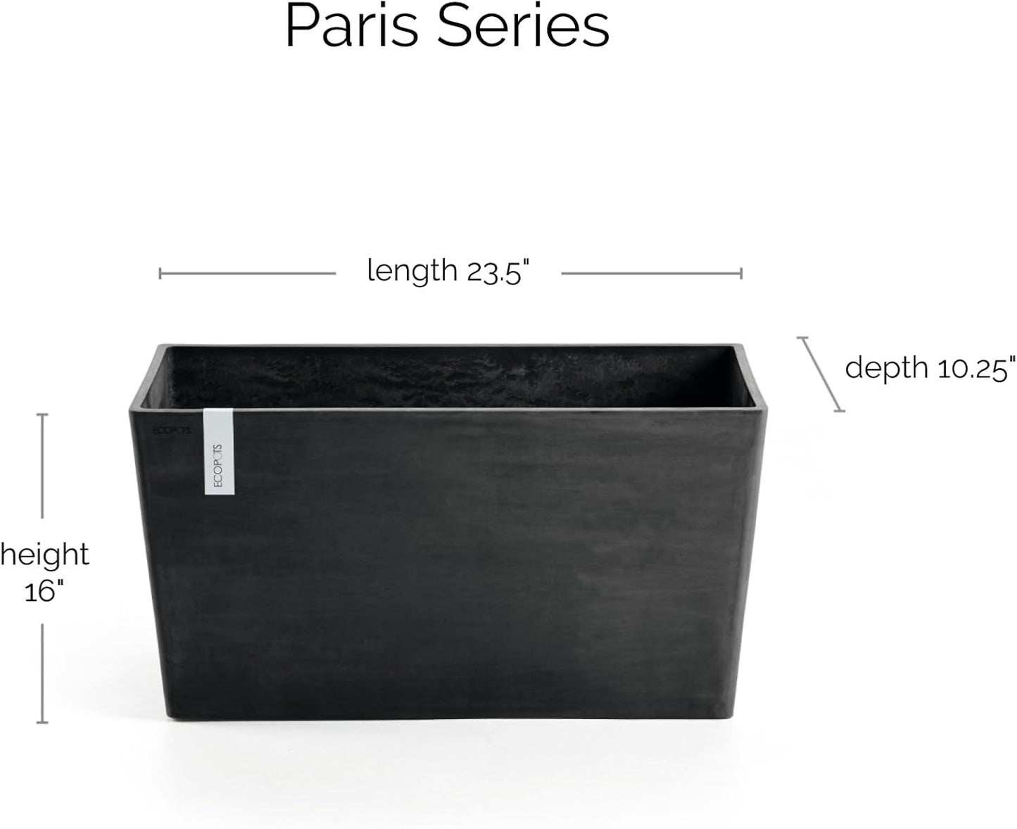 Ecopots Paris Durable Modern Rectangular Indoor/Outdoor Recycled-Based Composite Flower Planter, Dark Grey, 23.5"