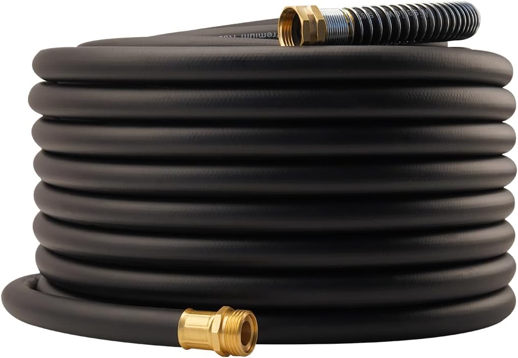 WiseFlow Garden Hose 100FT x 5/8", Heavy Duty Rubber Hose, 1000PSI Burst, 300PSI Working, Water Hose with Five Layered Braiding, Male Female Fittings (Black)