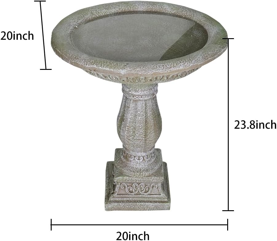 SunJet 23.8 Inch High Concrete Bird Bath with Carved Pedestal – Birdbath Sturdy & Elegant Design, Stone-Like Texture, Attracts Birds and Enhances Garden, Patio, Yard, Lawn Decor