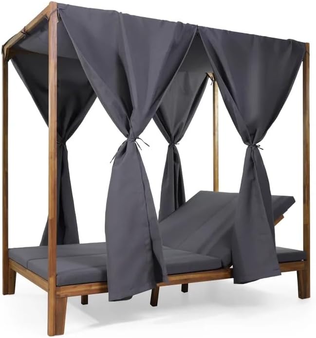 kevinplus Outdoor Patio Sunbed Daybed with Adjustable Reclining Chaise Lounge & Water-Resistant Canopy & Curtain, Solid Wood Construction, Dark Gray