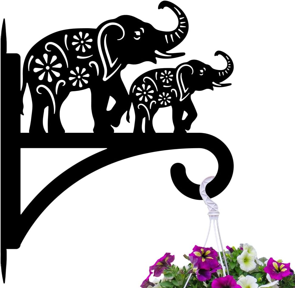 peacoblue Iron Plant Hangers Holder for Outdoor Indoor Hanging Plants Flower Fern Pots Lantern Bird Feeder Wind Chimes, 12”x14” Weather Resistant Metal Wall Hooks for Porch Garden Farmhouse(Elephant)