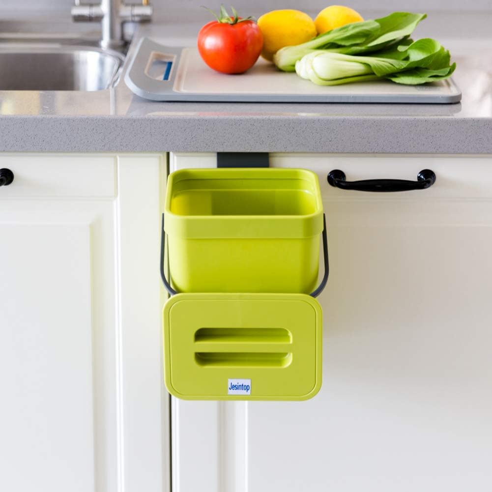 Food Waste Basket Bin for Kitchen, Odor-Free Food Scrap Container,Small Countertop Compost Bin with Lid, Mini Garbage Can Wall Mounted Trash Can, 3L/0.8 Gal Series, Green