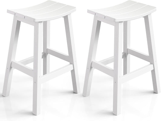 Weatherproof Bar Stools Set of 2, 28" Height Outdoor Bar Stools Holds up to 400 lbs, Saddle Seat, Bar Height Stools for Patio, Garden, and Kitchen Island, White