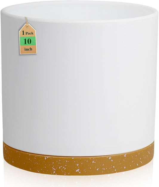 10 Inch Large Flower Pots for Indoor Outdoor Plants, Cylinder Deep Plant Pots with Drainage Holes and Saucer, Big Decorative Plastic Planter Pots for Garden House Plants, White with Brown