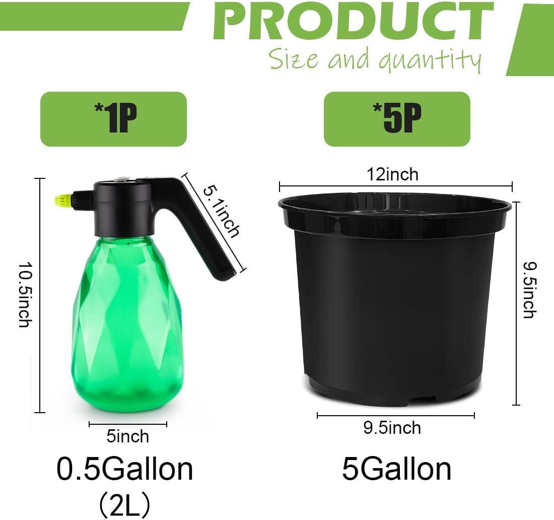 5-Gallon Nursery Pots 5P with 0.5 Gallon/2L Electric Spray Bottle, Plant Containers with Drainage Holes, Round Sturdy Garden Planters for Indoor/Outdoor Greenery