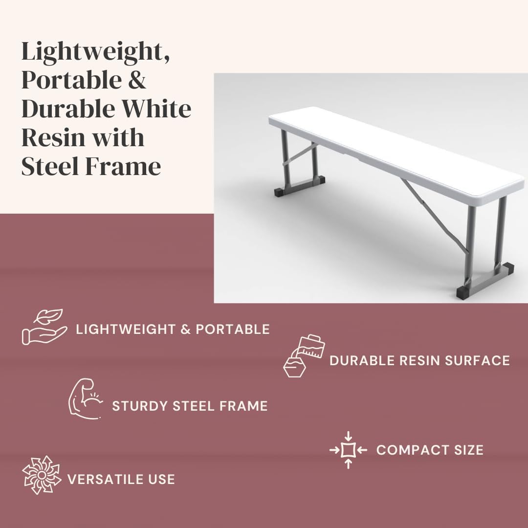 2.75ft Plastic Folding Bench – Lightweight and Portable White Resin with Durable Steel Frame, 33”x8”x16” - (Pack of 1, White, 2.75 Feet)