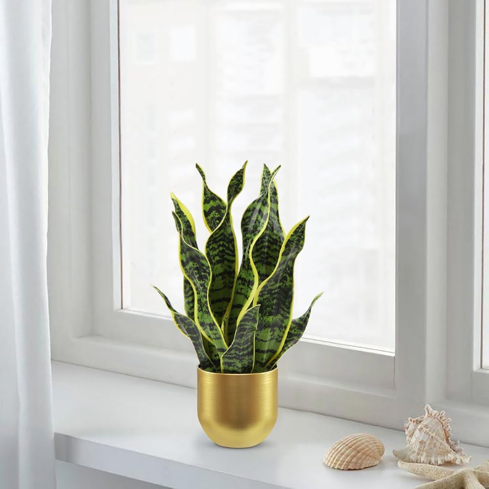 Hollyone Artificial Snake Plant Potted Faux Sansevieria Trifasciata Plants, 16.9" Tropical Mother in Law Tongue Fake Plants in Metal Gold Pots for Home Office Room Indoor Decor Housewarming Gifts