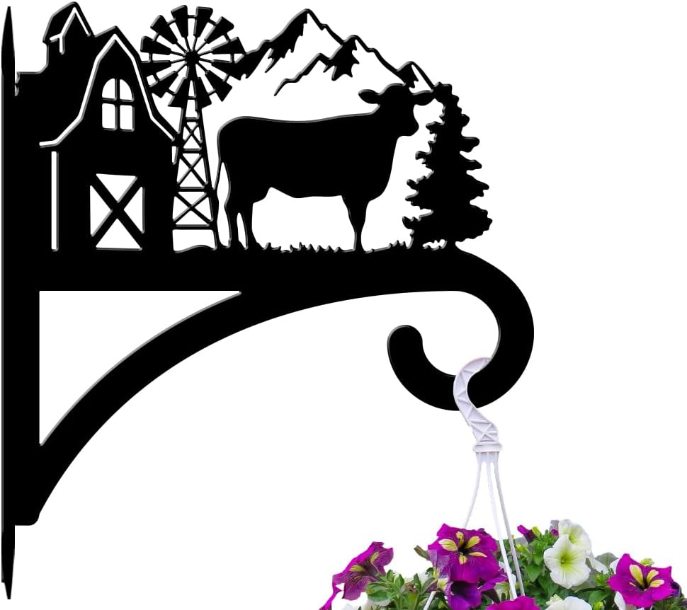 peacoblue Iron Plant Hangers Hooks for Outdoor Indoor Hanging Plants Flower Fern Pots Lantern Bird Feeder,11.8"x13.6" Weather Resistant Metal Wall Holder for Porch Garden Farmhouse(Farm Cow)