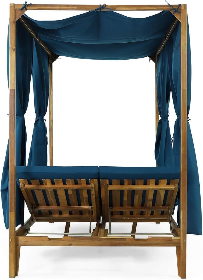 kevinplus Outdoor Patio Sunbed Daybed with Adjustable Reclining Chaise Lounge & Water-Resistant Canopy & Curtain, Solid Wood Construction, Blue