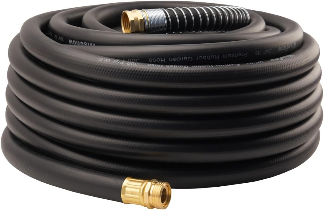 WiseFlow Garden Hose 75FT x 3/4", Heavy Duty Rubber Hose, 1000PSI Burst, 300PSI Working, Water Hose with Five Layered Braiding, Male Female Fittings (Black)