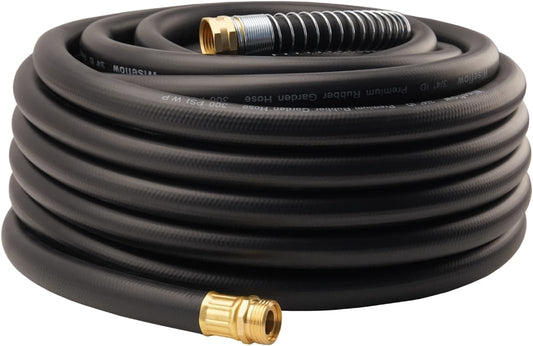 WiseFlow Garden Hose 75FT x 3/4", Heavy Duty Rubber Hose, 1000PSI Burst, 300PSI Working, Water Hose with Five Layered Braiding, Male Female Fittings (Black)