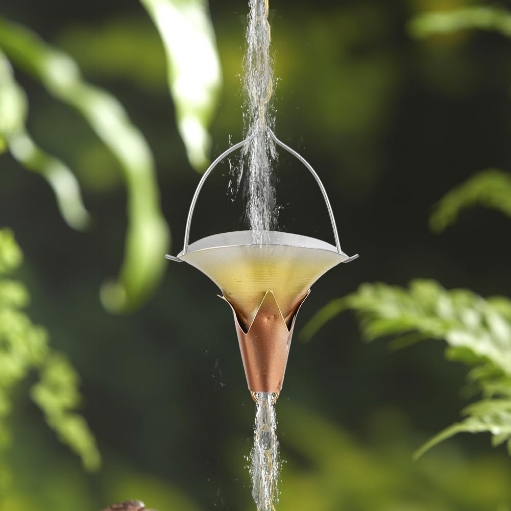 8.5 FT Rain Chain, Metal Rain Gutter Chains with 10 Morning Glory Shaped Cups, Adjustable Metal Rain Catcher Chain for Eaves Drainage, Replacement for Downspout