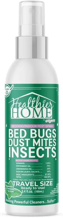 CHOMP! Travel Size Bed Bug & Insect Repellent, Natural, TSA Approved Indoor Pest Control Spray for Travel & Home, Plant-Based Dust Mite, Ant, Spider, Fly Killer, Peppermint Scent, 3.4 Fl Oz