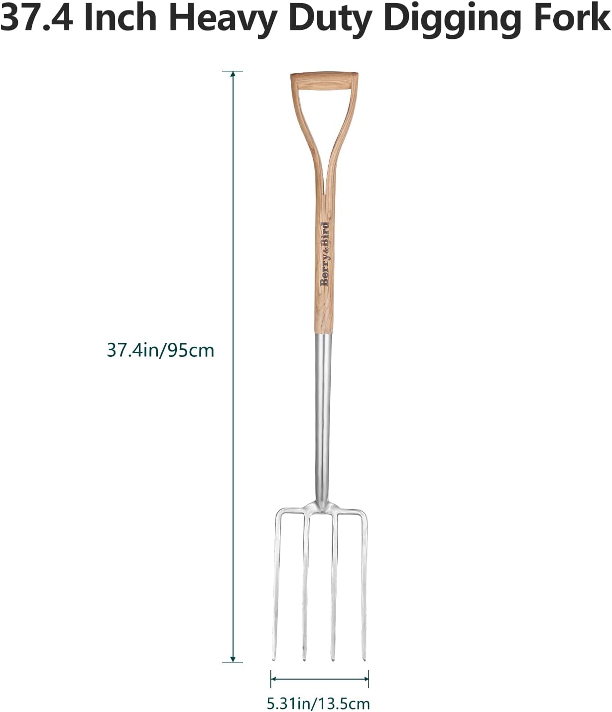 Berry&Bird Garden Digging Fork, 37.4" Stainless Steel Garden Spading Fork with D-Grip Handle, 4-Tine Heavy Duty Long Handled Pitchfork with Ash Wood Handle for Digging, Planting, Cultivating, Aerating