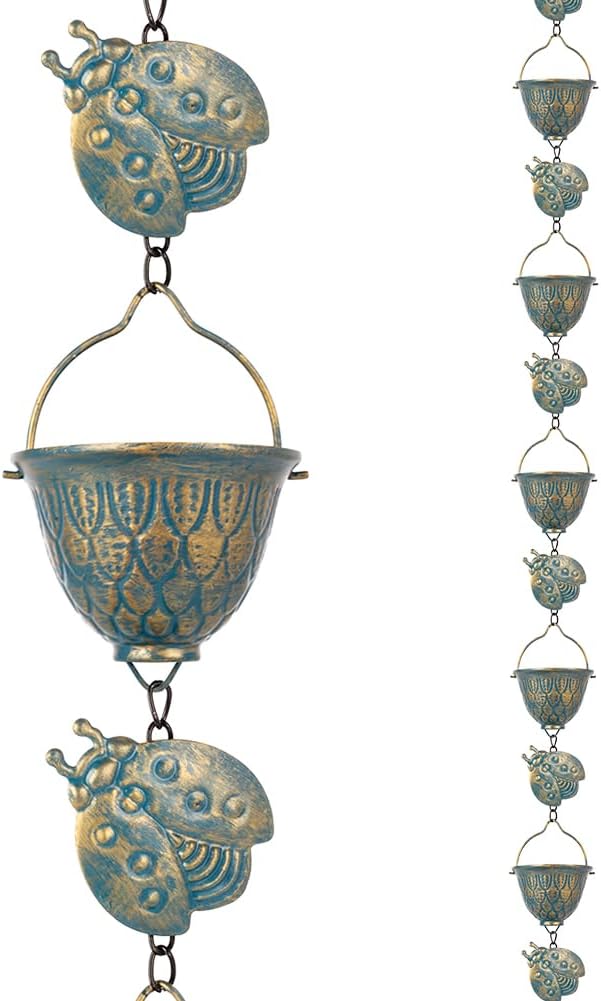 9.2 FT Rain Chain, Metal Rain Gutter Chains with 12 Cups & Detachable Ladybugs Decor, Adjustable Rain Catcher Chain with Bell for Outddor Decor, Replacement for Downspout