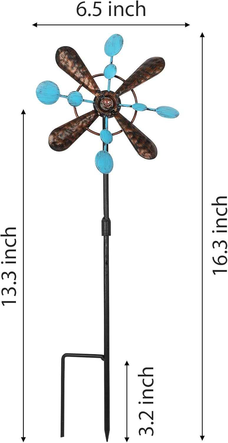 3 Pack Wind Spinners with Metal Stake, 16.3 Inches Yard Garden Sculptures for Outdoor Spring Decoration Lawn Patio Wind Catcher Windmill (Blue spot)