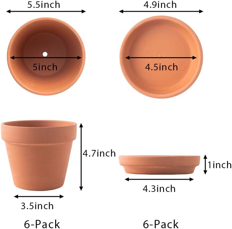 Terra Cotta Pots with Saucer- 6-Pack Large Clay Pots 5.5'' Ceramic Pottery Planter Cactus Flower Succulent Pot with Drainage Hole- Great for Plants,Crafts terra cotta planter