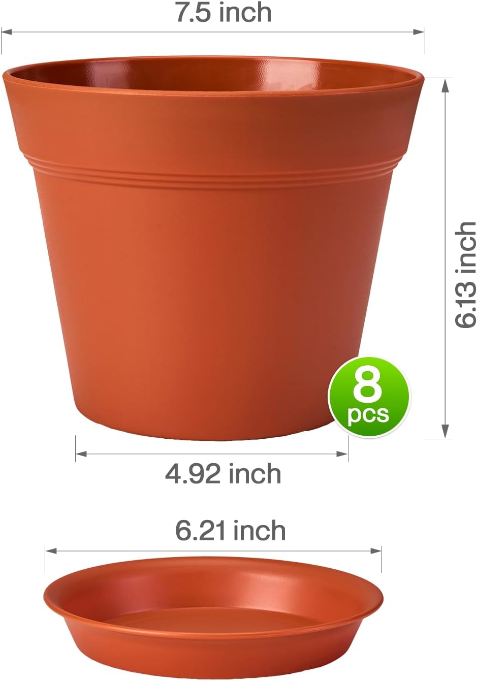 homenote Plant Pots,7.5 Inch Flower Pots for Plants Plastic Planters for Indoor with Multiple Drainage Holes and Trays, for All Home Garden Flowers Succulents,Outdoor(Terra Cotta,8 Pack)