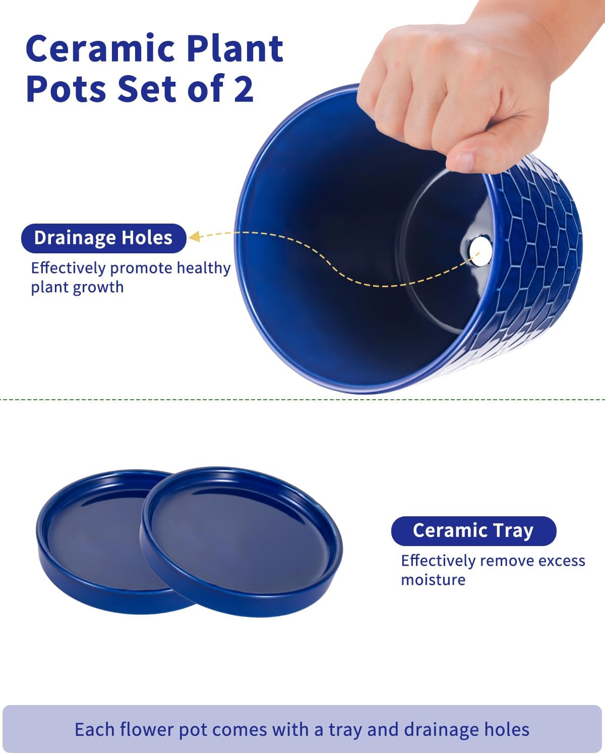 EFISPSS 6 Inch Pots for Indoor Plants,Ceramic Plant Pots,Planters with Drainage Hole and Saucer, Flower Pots Desktop Office Windowsill Decoration Gift Set of 2 - Sapphire Blue