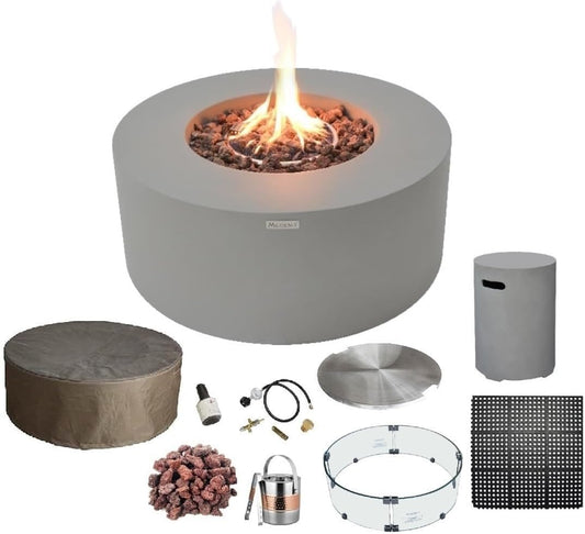 AMS Fireplace | Modeno Tramore Package | Light Gray Liquid Propane Gas Fire Pit Table for Outside Patio Bundle with Tank Cover, Wind Guard, and SS Burner Lid | Free Ice Bucket & Rubber Mat