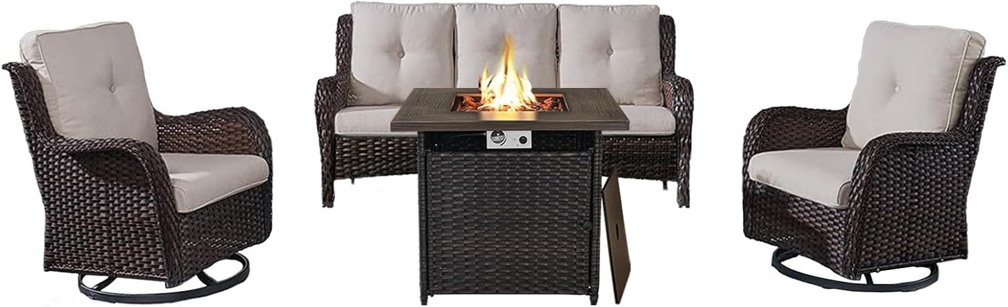 Outdoor Patio Furniture Set with 50000BTU Propane Fire Pit Table, 4 Pieces Wicker Patio Conversation Set with 2 Swivel Rocker Glider Chairs Rattan Sofa Blue Cushion Perfect for Casual Gathering