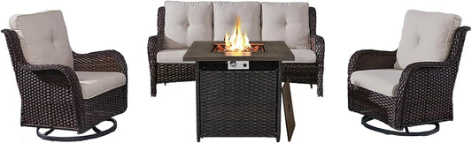 Outdoor Patio Furniture Set with 50000BTU Propane Fire Pit Table, 4 Pieces Wicker Patio Conversation Set with 2 Swivel Rocker Glider Chairs Rattan Sofa Blue Cushion Perfect for Casual Gathering