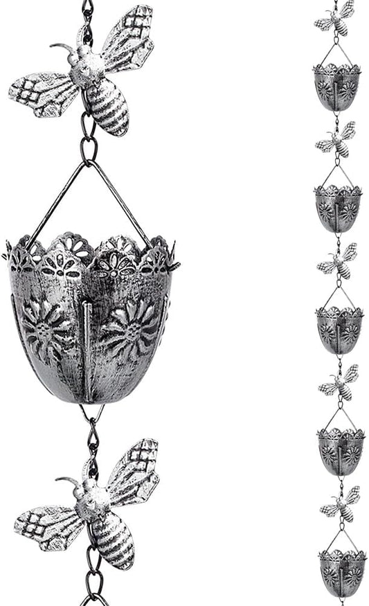 7.8 FT Rain Chain, Metal Rain Gutter Chains with 10 Cups & Detachable Bees Decor, Adjustable Rain Catcher Chain with Bell for Eaves Drainage, Replacement for Downspout