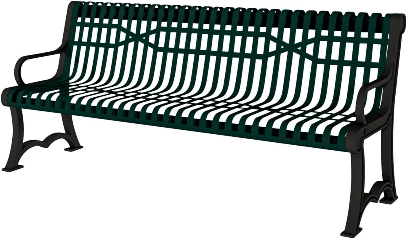 Coated Outdoor Furniture Heavy-Duty Outdoor Bench Thermoplastic Coated, Slatted Steel, Commercial-Grade Garden Bench, Made in America (Portable with Back, 4 Ft, Dark Green)
