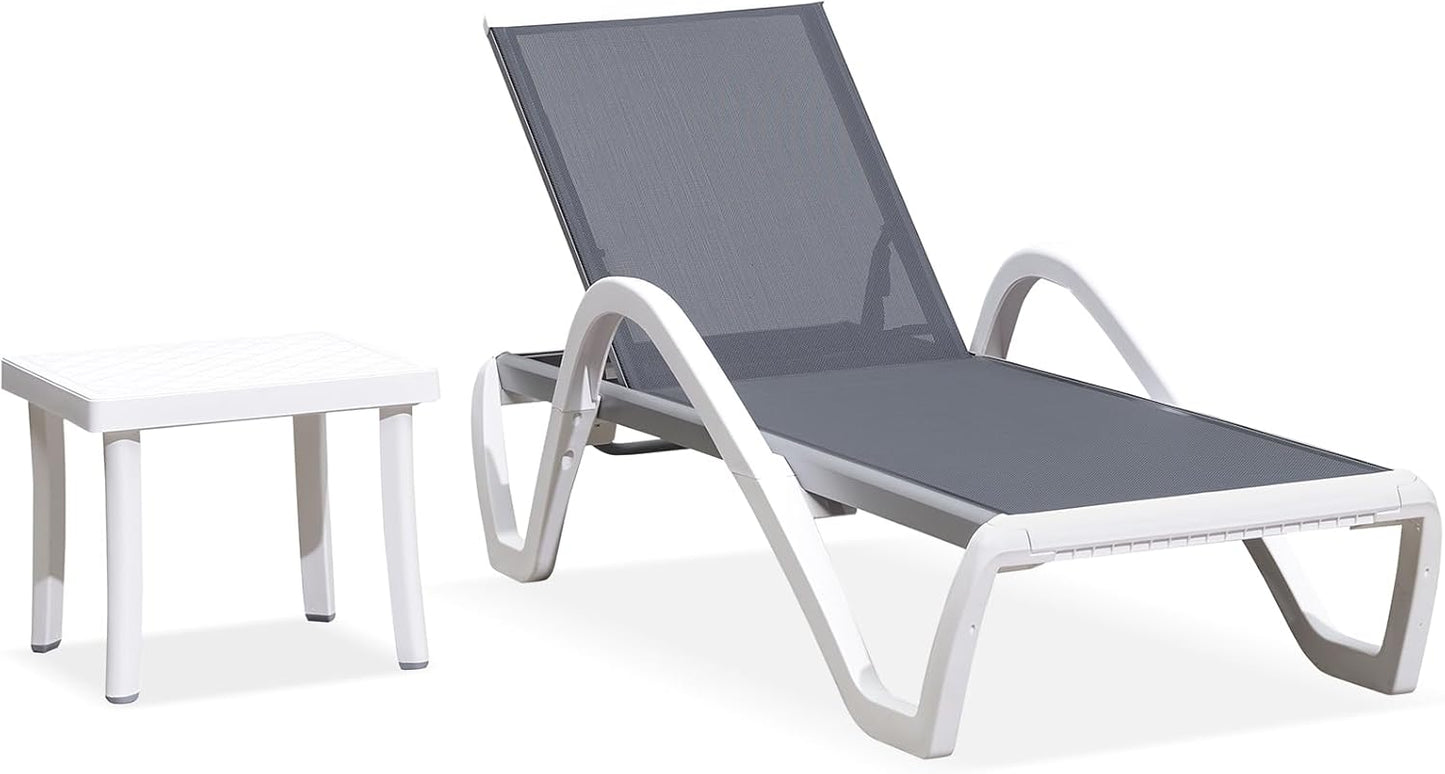 PURPLE LEAF Patio Chaise Lounge Chair Set Outside Aluminum Plastic Stackable Tanning Chairs with Armrests and Side Table for Pool Sunbathing Beach Deck Outdoor Lounger, Light Gray