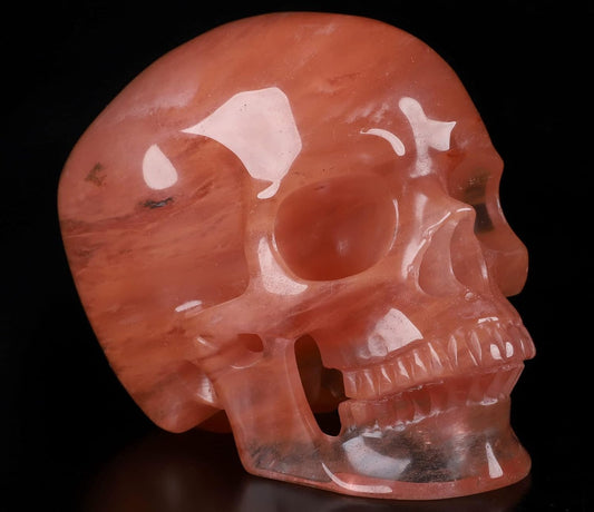 Skullis 5.0" Smelted Quartz Super Realistic Crystal Skull, Hand Carved Gemstone Fine Art Sculpture, Reiki Healing Stone Statue.2238