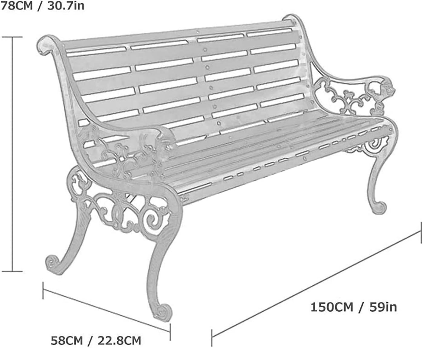 Garden Bench Outdoor Bar Hotel Patio Bench, Cast Iron Metal Frame Preservative Wood Patio Park Bench with Backrest and Armrests, for Porch, Lawn, Garden, Yard(Teak+Antique Bronze Legs)
