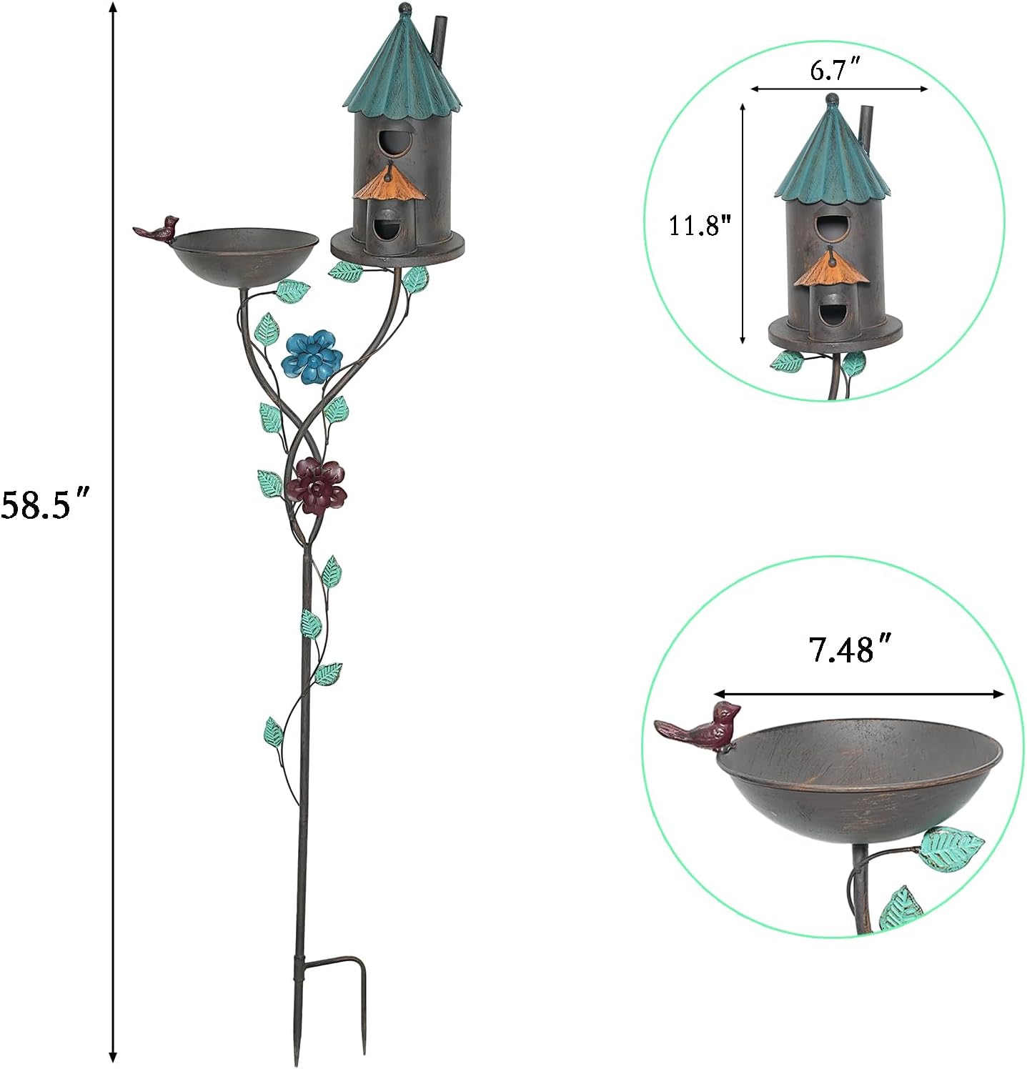 58” H Bird Baths for Outdoors, Metal Bird Bath and Bird House 2-in-1 Design, Birdbath and Bird Houses with Pole for Outside Garden Yard Decor