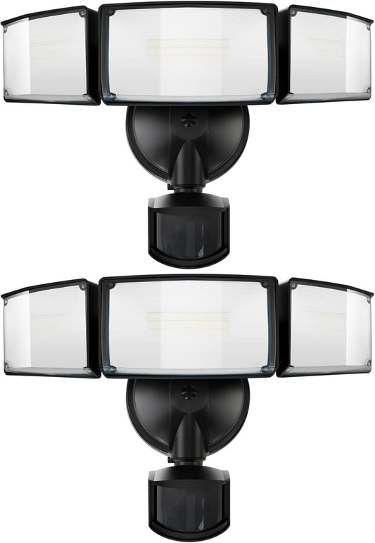 UME 2 Pack 5500LM LED Security Lights Motion Sensor Light Outdoor, 49W, 5000K Daylight, IP65 Waterproof, Dusk to Dawn, 3 Head Motion Detected Flood Light for Garage, Yard, Porch (Black)