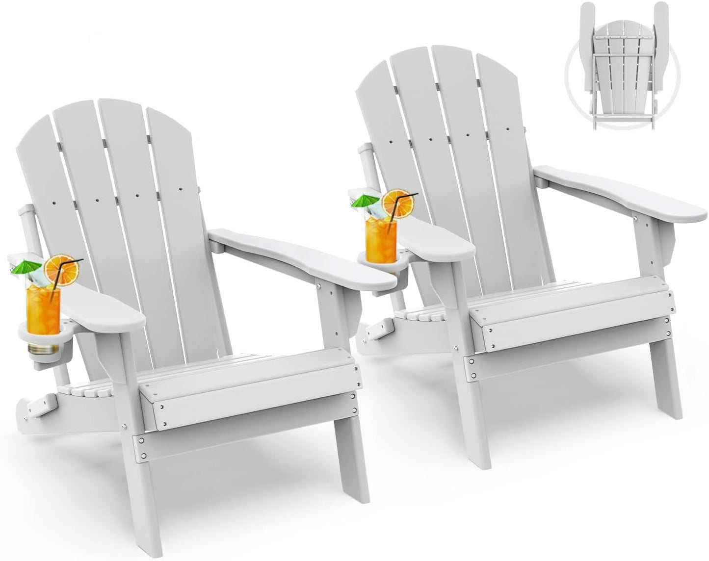 GREENVINES Folding-Adirondack-Chairs-Set-of-2 | HDPE Plastic | Fire Pit Chair | All Weather | Cup Holder | White | for Deck Backyard Patio Outdoor Garden