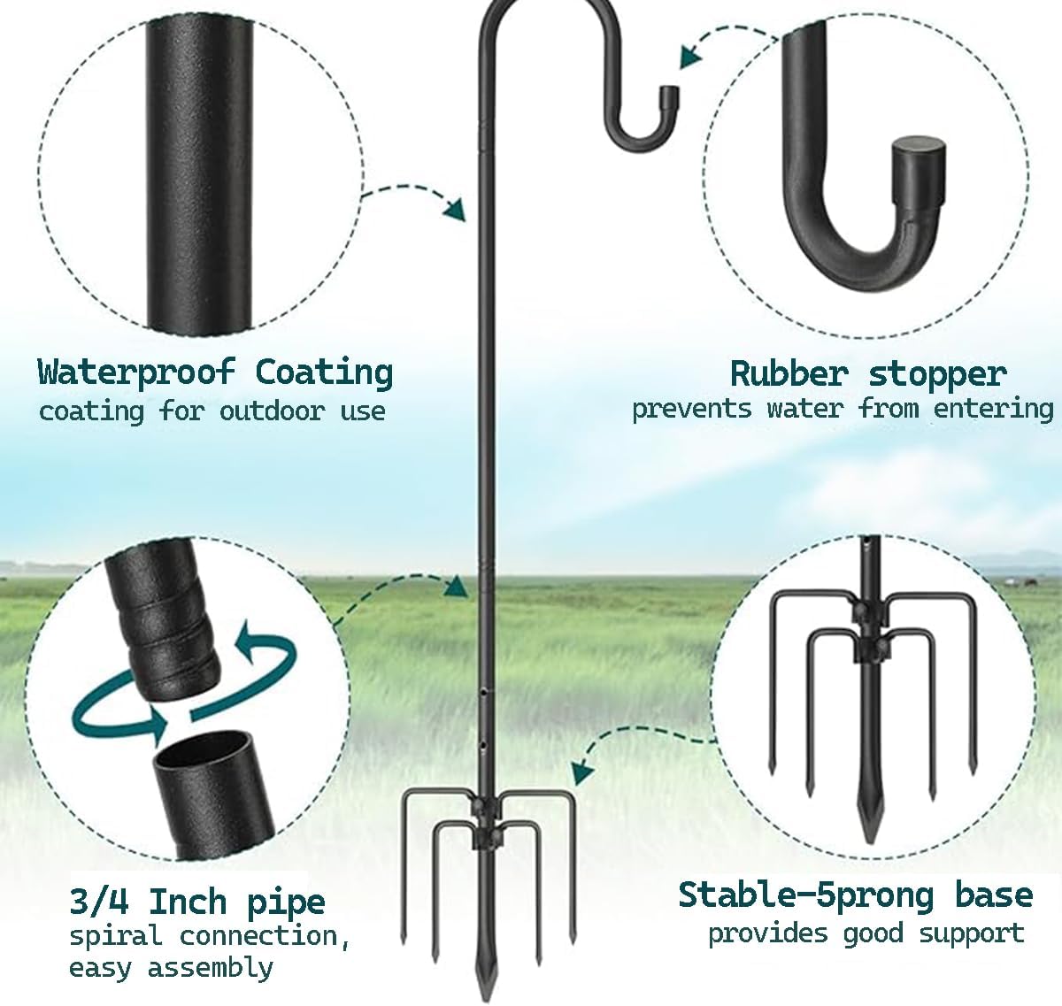 CMASTER Shepherd Hook for Outdoor, 1 Pack 76 Inch Bird Feeder Pole with 5 Prong Base Heavy Duty Adjustable Garden Hook for Hanging Plant, Hummingbird Feeder, Lantern(76 Inch)