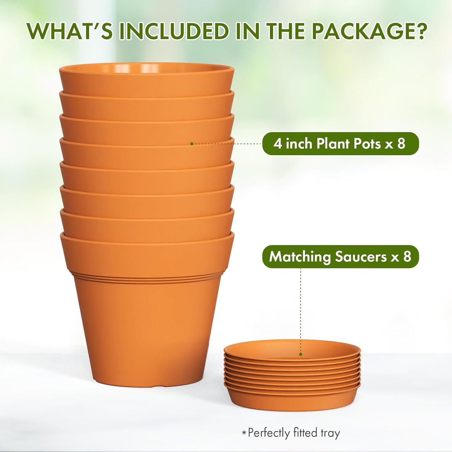 4 Inch Plastic Plant Pots with Drainage Holes and Trays – 8 Pack Small Nursery Pots for Indoor & Outdoor House Plants and Flowers, Seedling Starter Planters, Terracotta