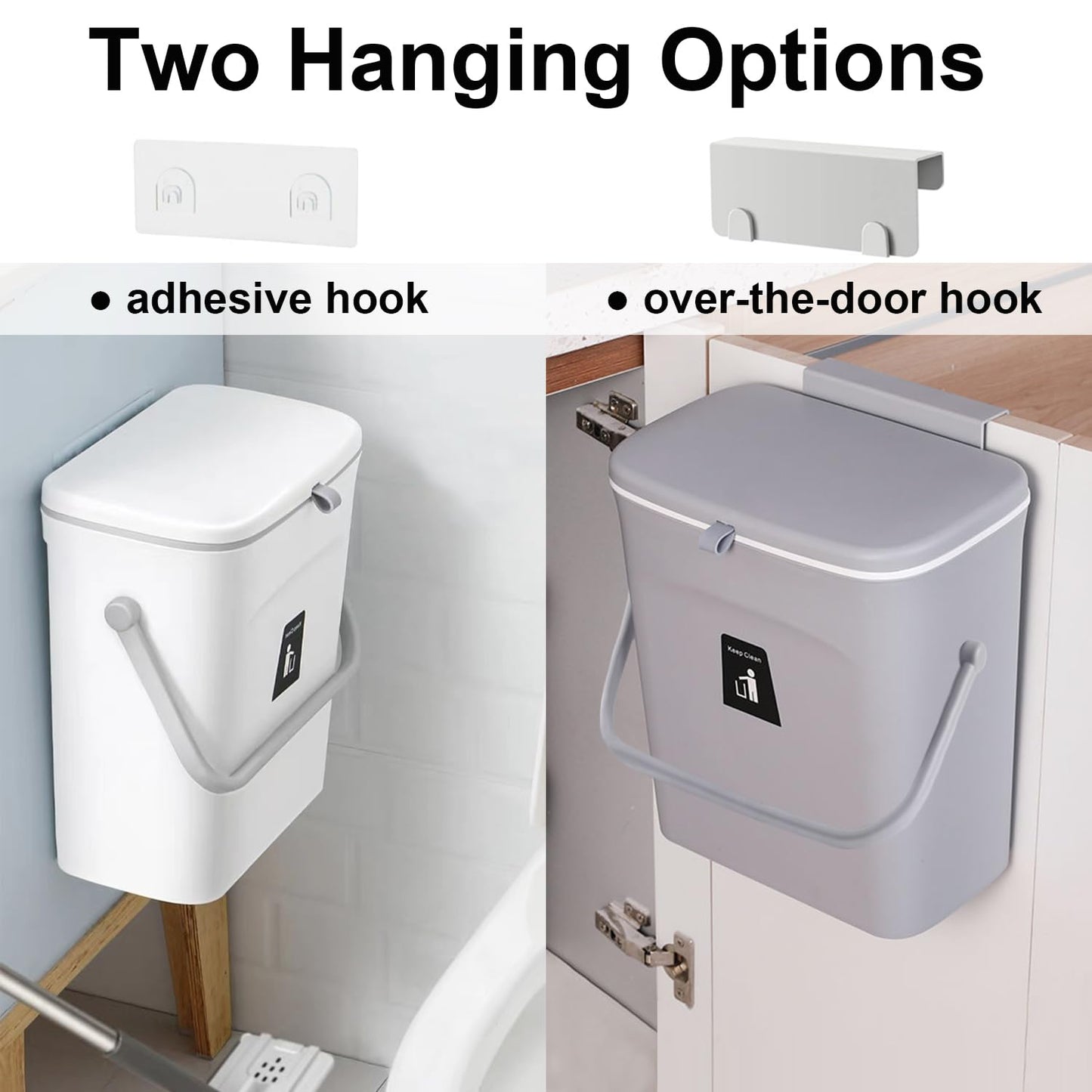 LALASTAR Small Trash Can with Lid, Kitchen Compost Bin for Countertop or Under Sink, Plastic Hanging Waste Basket for RV/Office/Bedroom/Dorm, Mountable, 9L/2.4 Gal, White