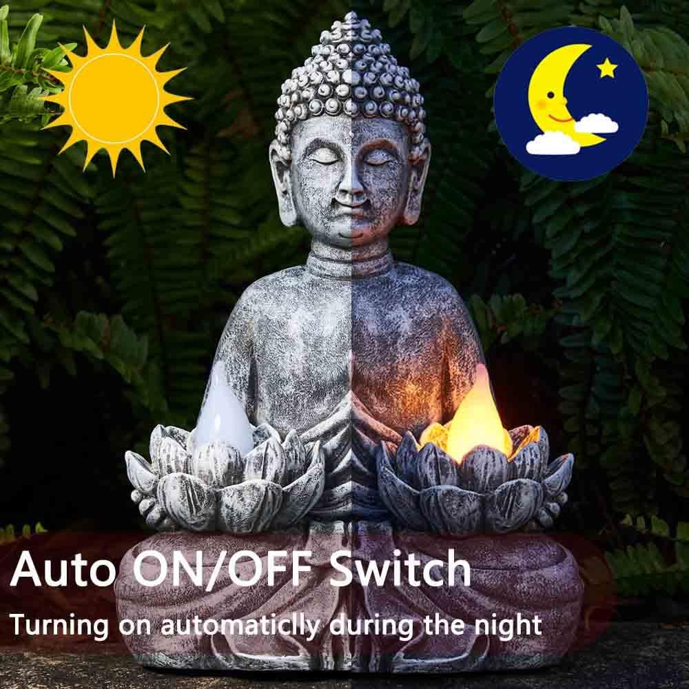 Solar Buddha Statue - Outdoor Zen Sculpture With Flickering LED Lotus Light - Waterproof Garden Decor Gift - 11.81 Inch