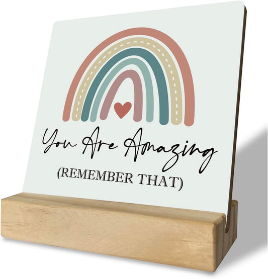 Primitive Wooden Sign, You are Amazing Remember That, Desk Plaque with Wooden Stand 4 x 4.3 inches, Rustic Home Decor, Farmhouse Sign, Inspirational Quotes Gifts for Friend Family, Cheer Up Gift