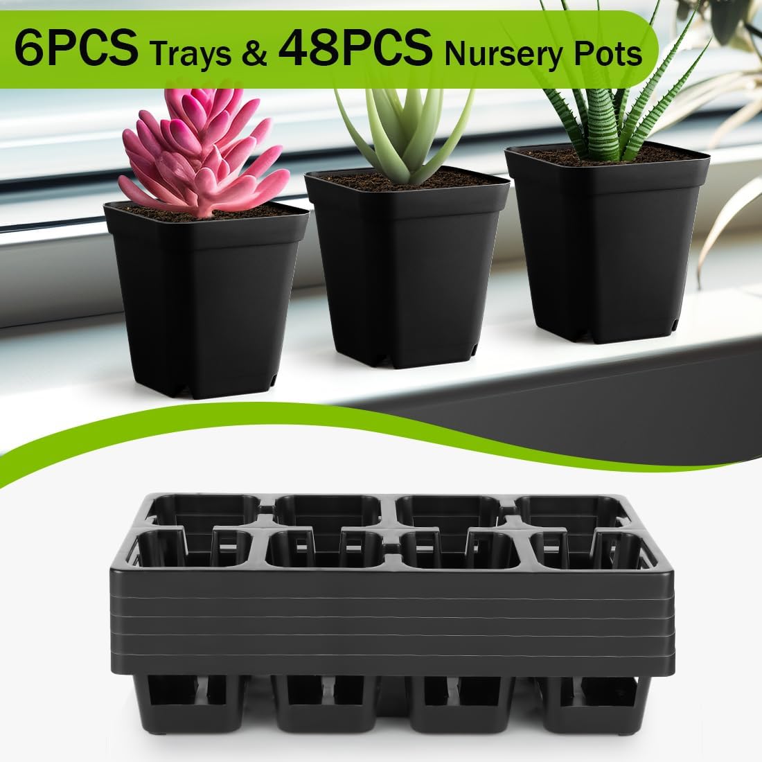 8 Cell Nursery Pots Trays 6 Pack (12" x 6"), 3 inch Square Plastic Nursery Pots 48 Pcs, Durable Carrying Seed Starter Tray, Planting Trays for Holding Small Seedling Pots with Drain Holes (Black)