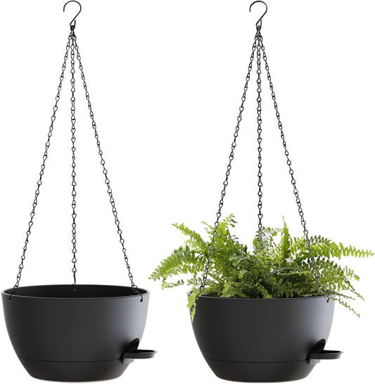 12 Inch Hanging Baskets 2 PC with Chains, Self-Watering Hanging Planters for Indoor Outdoor Plants, Plastic Hanging Flower Pots,Black