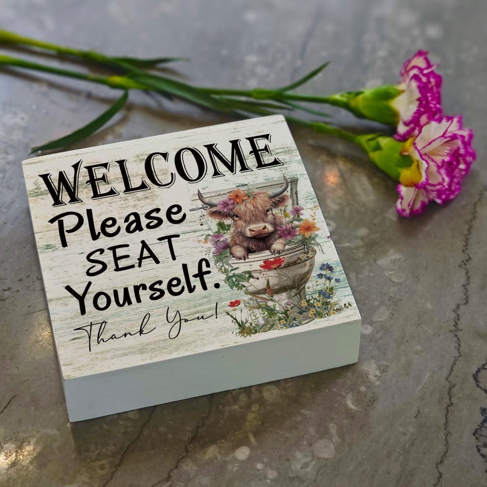 Funny Highland Cow Please Seat Yourself Bathroom Home Décor Sign Farmhouse Bathroom Signs Decor Rustic Wood Plaque Decor for Home Restroom Shelf