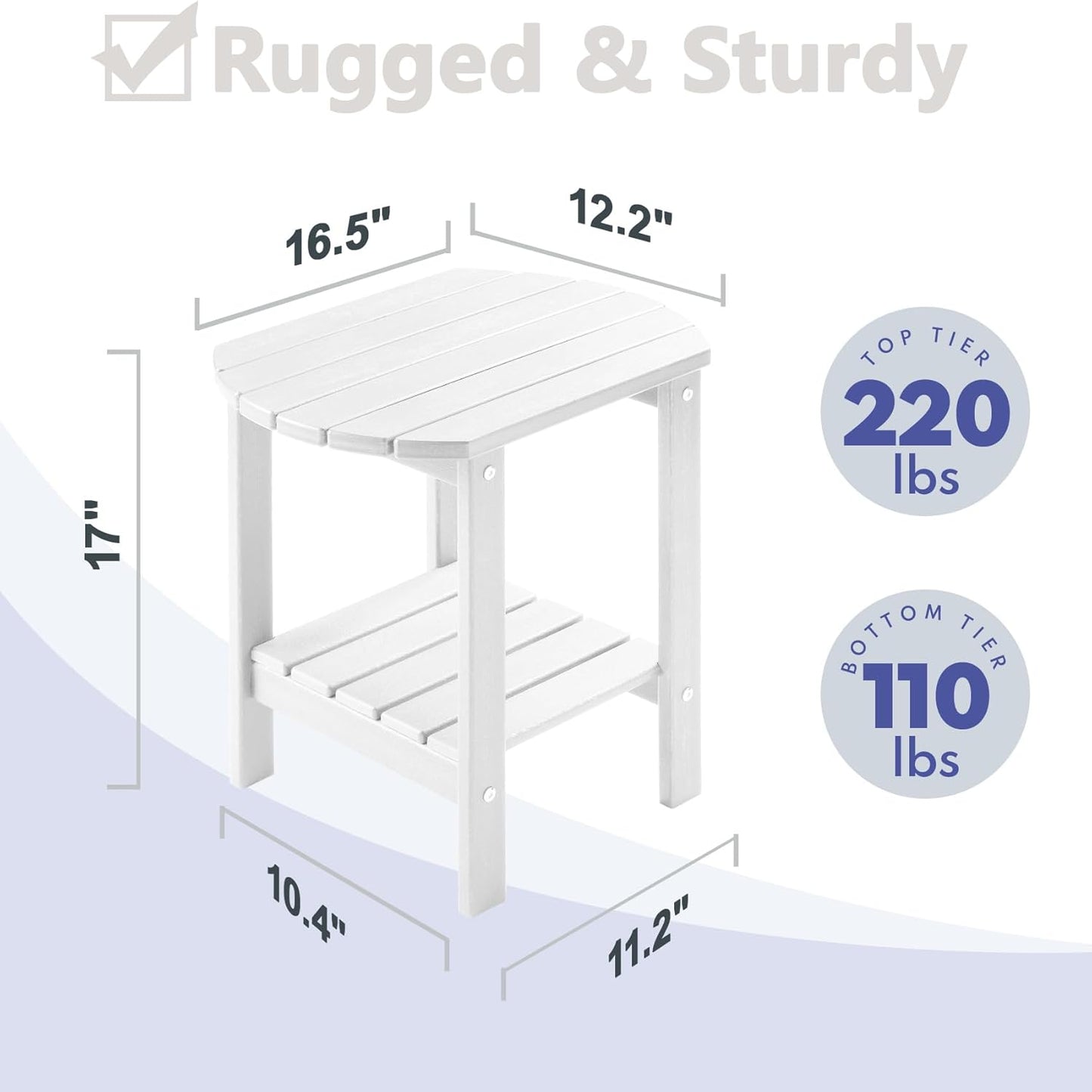 PASAMIC Outdoor Side Table, HDPE Adirondack Oval Side Table with 2-Tier Storage, Weather Resistant Outdoor End Table for Patio, Backyard, Pool, Indoor Companion, Beach, Easy Maintenance Table (White)